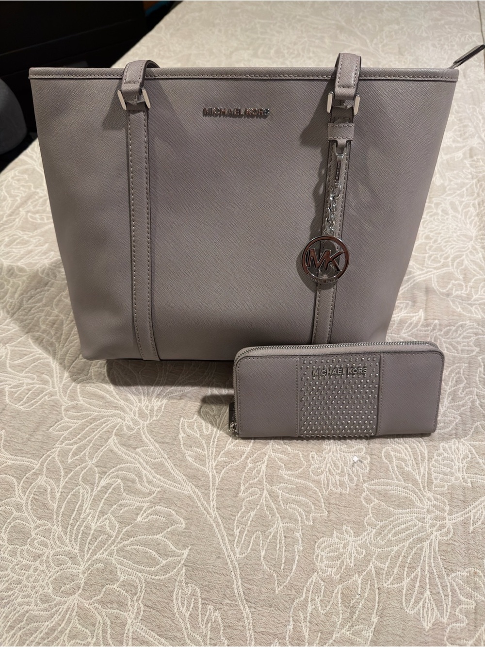Michael Kors Light Gray Saffiano Leather Tote with Matching Wallet